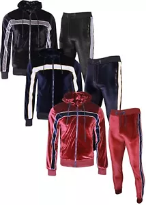 NEW Mens Silky Zip Hoodie Two Tone Piping Tracksuit Velour Jogging Bottoms - Picture 1 of 18