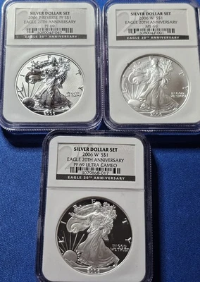 2006 20th Anniversary Silver Eagle 3 coin Set PR69/MS69 ~ NGC PF69/RVPF/MS69! - Image 1 of 2