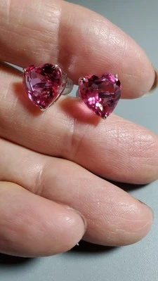 PENDIENTES CORAZÓN ORO BLANCO MACIZO 10KT ZAFIRO ROSA CREADO EN LABORATORIO 6,83 CT Foto 1 de 4