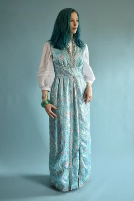Maxi Vestido Jacquard Azul Metálico Años 60 Fiesta Noche Vestido de Anfitriona Vestido Foto 1 de 4
