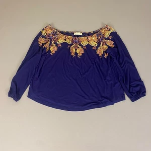 Ruff Hewn Paisley Blouse Off Shoulder Top Size Large Blue Long Sleeve Bohemian - Picture 1 of 11