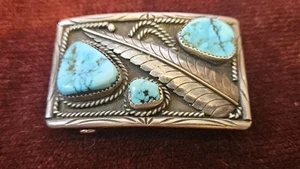 Old Pawn schwere Sterling Silber & Türkis Gürtelschnalle 42 Gramm Vintage Handarbeit - Bild 1 von 7