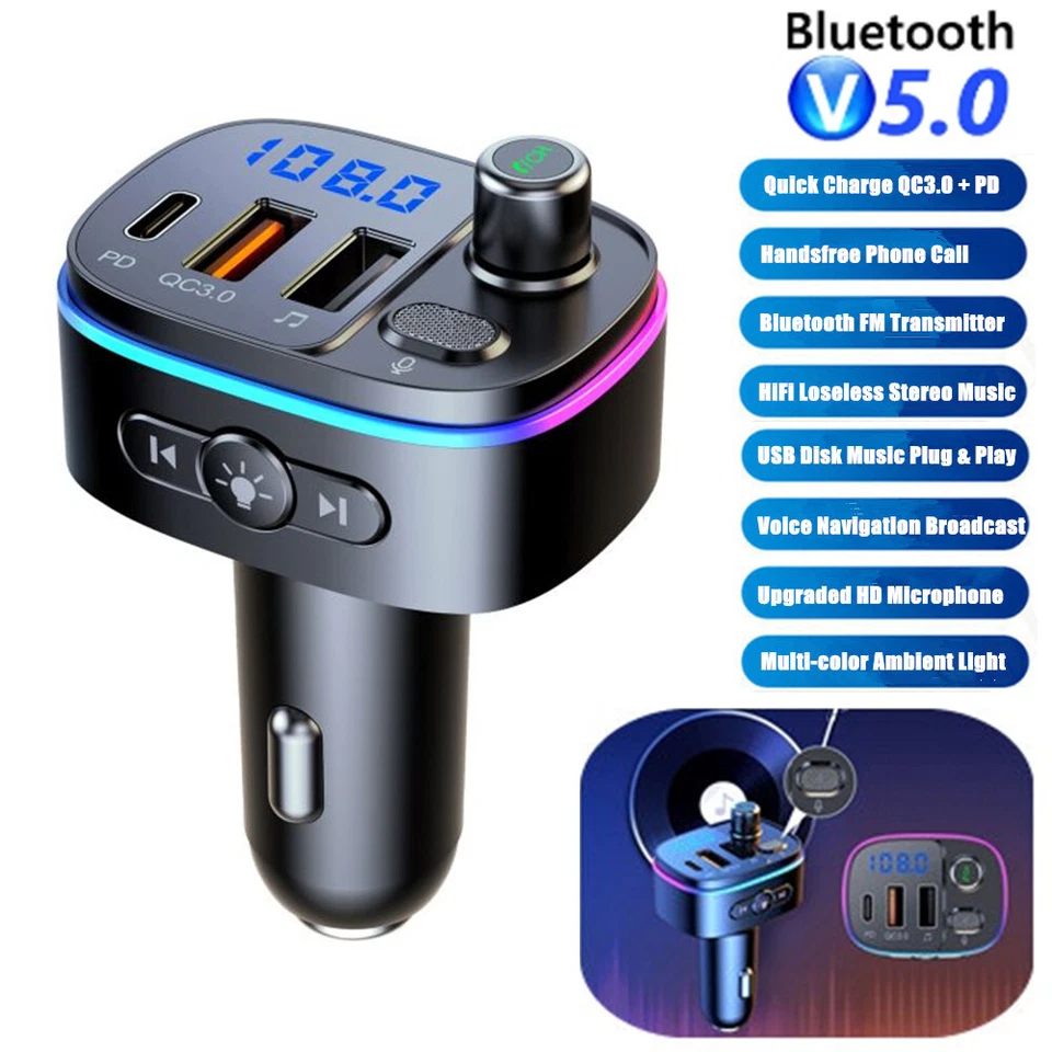 Bluetooth FM Transmitter Wireless Handsfree Car Kit MP3 Adapter QC3.0 PD Charger - Image 1 of 4