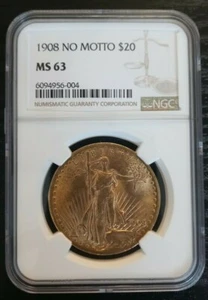 1908 No Motto U.S. Saint-Gaudens Gold Double Eagle - NGC MS-63 - Picture 1 of 4