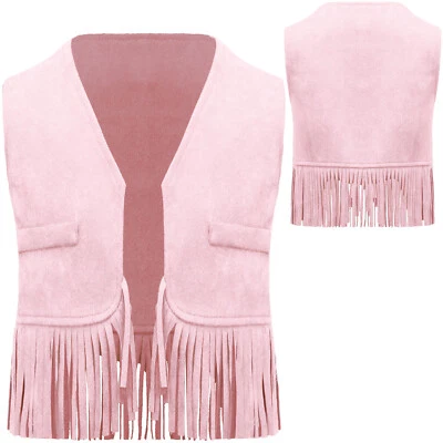 US Unisex Kids Western Cowboy Cowgirl Vest Tassel Waistcoat Fringe Tank Top - Image 1 of 2