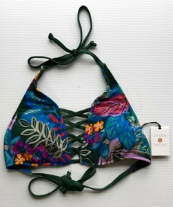 Nuevo con etiquetas Top de Bikini Halter con Tiras Tono y Orilla Verde Tropical Estampado Floral Talla Pequeña - Imagen 1 de 2