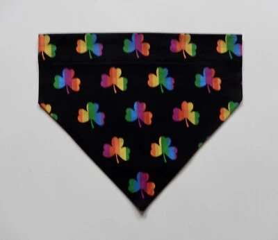 ST. PATRICK'S DAY RAINBOW SHAMROCKS ON BLACK DOG SCARF/BANDANA--S, M, L - Image 1 of 3
