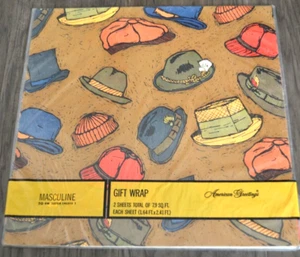 Envoltura de papel para regalo TODAS LAS OCASIONES 2 hojas SOMBREROS MASCULINOS GORRAS De colección American Greeting - Imagen 1 de 4