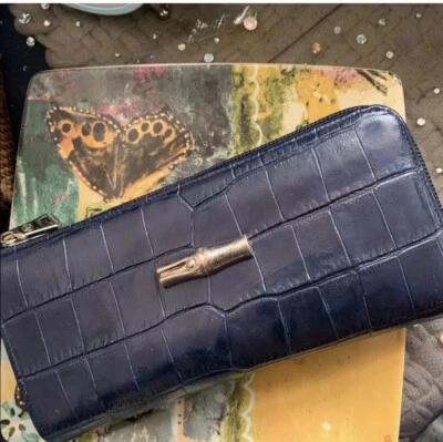 Cartera LONGCHAMP VINTAGE ENVEJECIDA ROUSEAU CUERO COCODRILO AZUL PROFUNDO CREMALLERA RARA GORG Foto 1 de 4