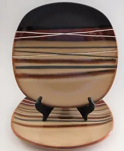 2 Home Trends Bazaar Square Salad Plates Tan Brown White Stripes Vintage - Picture 1 of 12