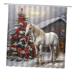 Christmas Horse Shower Curtain Rustic 70"W x 70"L (Pack of 1) Red White - Picture 1 of 7
