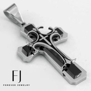 Men's Stainless Steel,Black,JESUS CROSS 74mm Onyx Pendant High Polish + Box - Picture 1 of 3