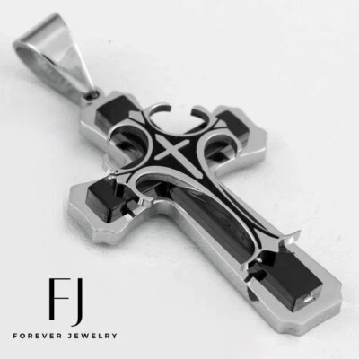 Colgante de ónix de 74 mm de acero inoxidable para hombre, negro, CRUZ DE JESÚS pulido alto + caja Foto 1 de 3