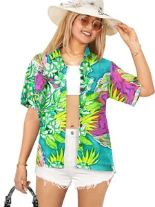 HAPPY BAY Hawaiian Shirts Womens Floral Summer Beach L Allover Leaves, Green - Picture 1 of 3
