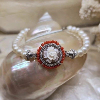 Bracciale Corallo Rosso, Cammeo & Perle Argento 925 – Coral Cameo Bracelet - Immagine 1 di 4