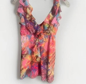 Vintage Y2K Bisou Bisou Babydoll Tank Top Ruffle Boho Paisley Size Small 2000s - Picture 1 of 16