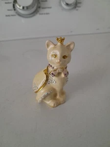 Cat w/Crown Hinged Jewelry Trinket Box 3" Princess Enamel Ceramic Rhinestones - Picture 1 of 5