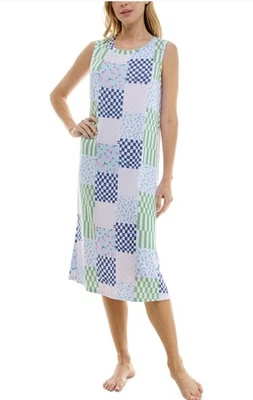 roudelain Womens Printed Sleeveless Nightgown Knit EHJS362M Ditsy Check Blue XL - Image 1 of 3