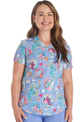 Cherokee Prints V-Neck Tuckable Print Scrubs Top CK664 AWAX Awesome Axolotls - Image 1 of 4