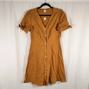 New Gap Linen Blend Dress Women's 10 tall Yellow Short Sleeve Button Up Knee Len - Picture 1 of 9