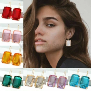 14ct Gold Plated Crystal Square Stone CZ Hook Multi Colour Drop Dangle Earrings - Picture 1 of 76