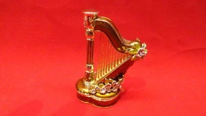 Harp Hinged Trinket Box Gold wth flowers lots of sparkle & bling closes perfect - Picture 1 of 12