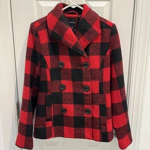 Rampage Carrie Classic Small Double Breast Red & Black Plaid Peacoat Jacket New - Picture 1 of 9
