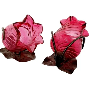 Vintage Pink Glass Flower Shaped Candle Holders Set of Two Home Decor - Picture 1 of 9