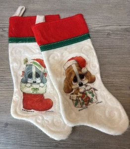 Lot-2 Vintage 1983 & 1984 Christmas Stocking Giordano Art Sad Puppy Dog Big Eyes - Picture 1 of 13
