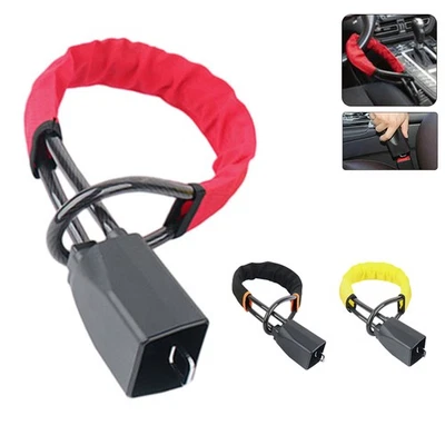 Car Steering Wheel Lock with Seat Belt Socket Steel Rope for Truck SUV Van RV  - Image 1 of 4