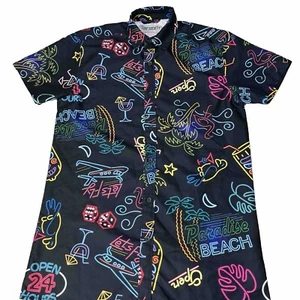 SURF SOCIETY Short Sleeve Lets Fly Neon Beach Scene Button Up Shirt Size Medium - Picture 1 of 9