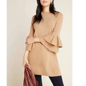 Abito maglione nuovo con etichette $130 Anthropologie Claudette arricciato miele beige metallizzato taglia S - Foto 1 di 9