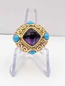 Vintage 14k Yellow Gold Sleeping Beauty Turquoise Cushion Cut Amethyst Ring Sz6 - Picture 1 of 8