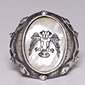 Antiker Sterling Silber Herrenring, Perle Natur Edelstein, Doppelkopf Adler - Bild 1 von 5