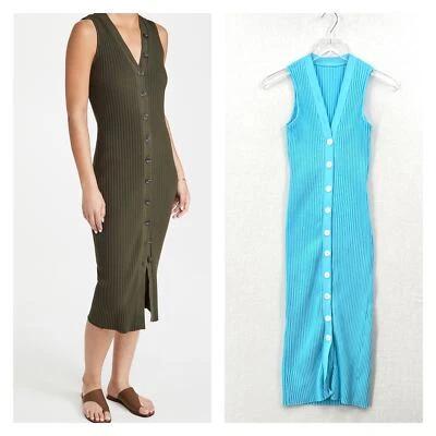 ENZA COSTA Sleeveless Cardigan Dress Women Small Light Blue Green Ribbed V-neck  - Image 1 of 4
