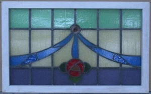 MACKINTOSH ROSE ENGLISH LEADED STAINED GLASS TRANSOM WINDOW 31 1/2" x 19 3/4" - Picture 1 of 3
