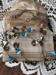 Vintage Silver Disc & Aquamarine Moonstone 40” Necklace Rhinestones Adjustable - Picture 1 of 9