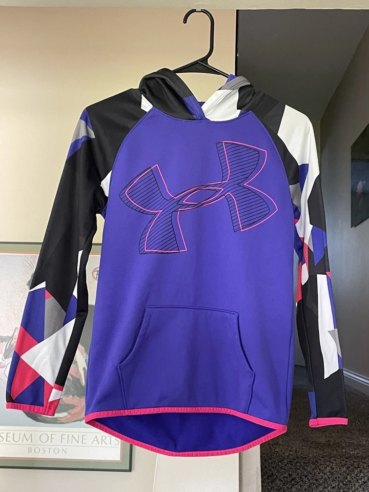 Under Armour ColdGear Niños Jóvenes Sudadera con Capucha Grande Logotipo Desequilibrado Púrpura Rosa Foto 1 de 4