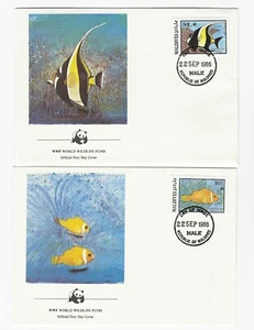 Islas Maldivas 1986 peces 3 x FONDO MUNDIAL DE VIDA SILVESTRE OFICIALES WWF PRIMER DÍA CUBIERTAS - Imagen 1 de 2