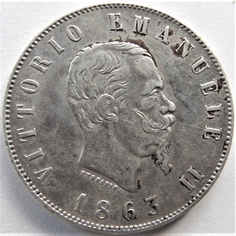 1863 T ITALY  Vittorio Emanuele II, silver, 2 Lire grade VERY FINE ,#11 Cover