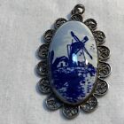 Sterling Sliver Pendant White Cab Stone With Painted Farm House &amp;Wind Mill