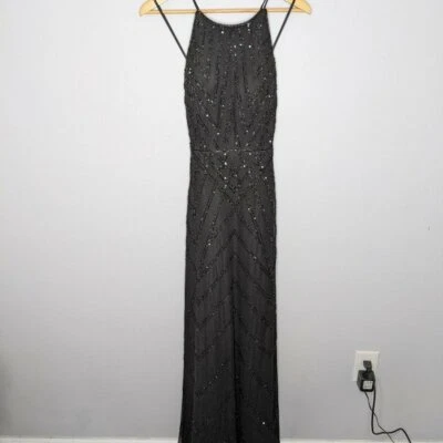 Vestido de dama de honor Adrianna Papell platino para mujer negro con cuentas 40117 talla 4 Foto 1 de 4