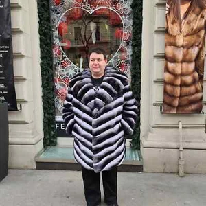 New Men Real Rex Rabbit Fur Coat Chinchilla Jacket Winter Shawl Collar Overcoats - Picture 1 of 10