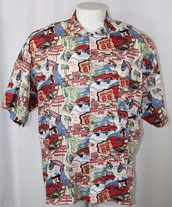 Monzini Hawaiian Style Shirt White Route 66 Maps Classic Car Cotton Rayon Men XL - Bild 1 von 10
