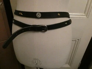 STYLISH KENZO 1970'S BLACK LEATHER DOUBLE BELT WITH METAL MOTIFS & SILVER BUCKLE - Picture 1 of 10