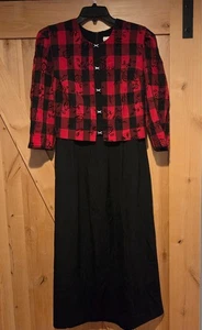 Maxi abito vintage Miss Dorby taglia 12 rosso a quadri nero velluto fiori cravatta schiena metallo - Foto 1 di 14