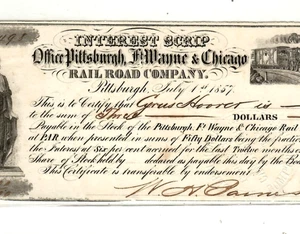 (RAILROAD SCRIP) 1857 "PITTSBURGH,FT.WAYNE, CHICAGO" (RAILROAD SCRIP) 1857 RARE! - Picture 1 of 3