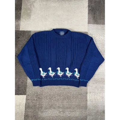 Suéter Vintage Woolrich Mujer Azul Marino Tejido con Cable Pato Bordado Talla Mediana Foto 1 de 4