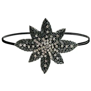 Mia Embellished Headband, Beaded Flower on Elastic Band, Black + Clear Stones - Picture 1 of 1