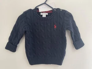 Ralph Lauren Baby Boys 100% Cotton Classic Cable Knit Pullover Sweater Navy 6M - Picture 1 of 8